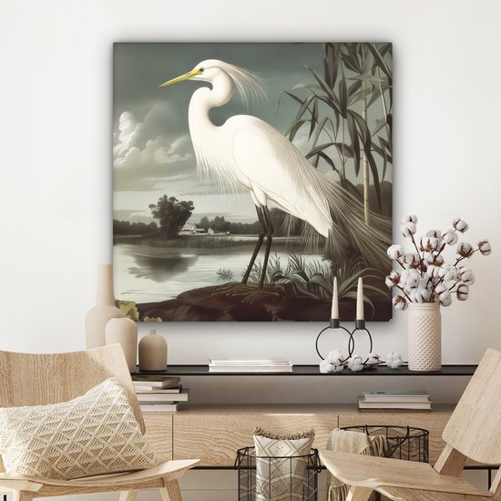 Tableau sur toile 90x90 cm - Décoration murale Héron - Plantes - Nuages ​​- Wit - Décoration murale salon - Décoration chambre - Accessoires chambre - Peintures sur toile