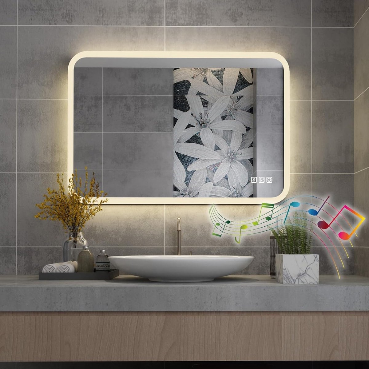 Grote Badkamerspiegel met LED-verlichting en Bluetooth, Dimbaar met Aanraakschakelaar – 80 x 60 cm