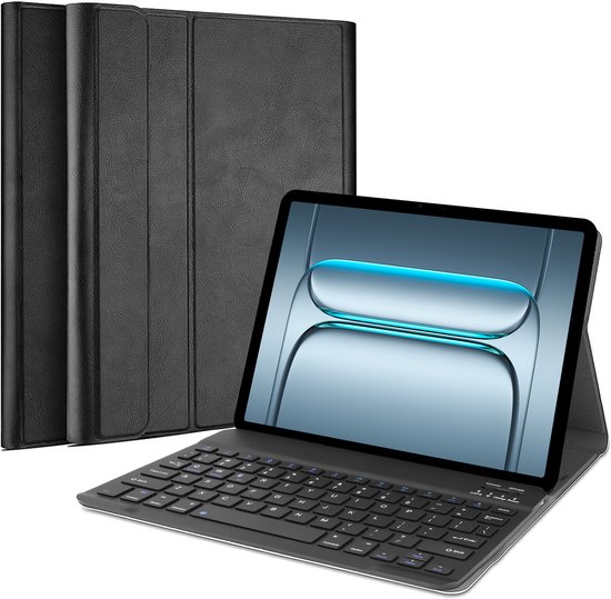Drie gesloten zwarte OnePlus Pad Lite toetsenbordhoezen, met één open hoes en tablet.