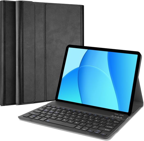 Zwarte Cazy Oppo Pad SE toetsenbordhoes met tablet, achtergrond is wit.