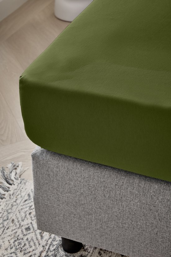 Dreamers Den - Jersey Premium élasthanne - Katoen biologique - Hoeslaken - Vert olive - 200 x 220 cm - Hauteur des coins : 35 cm