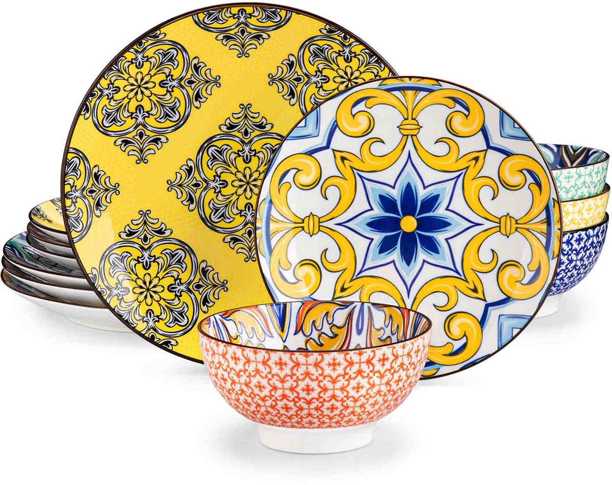 Serviesset - Bohemian Stijl - 4 Persoons Servies - Porselein - Dinerborden - Dessertborden - Ontbijtkommen - 12-delige Set