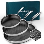 Blue Liberty Pannenset 3 delig - 20, 24 & 28 cm – Hybrid Honingraat Pannen – Keramisch & PFAS-vrij RVS Koekenpan - Geschikt voor Inductie, Gas, Oven & Vaatwasser