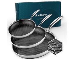 Blue Liberty Pannenset 3 delig - 20, 24 & 28 cm - Keramisch & PFAS-vrij RVS Koekenpan - Hybride Honingraat Pannen - Geschikt voor Inductie, Gas, Oven & Vaatwasser