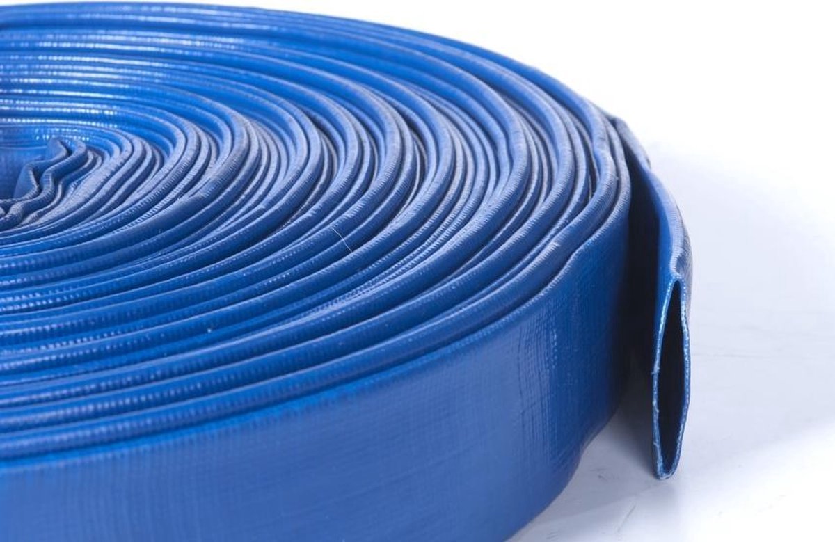 Pvc blauwe afvoer-/persslang plat oprolbaar, inwendig x uitwendig-76 x 80 mm, L = 25 m, per rol
