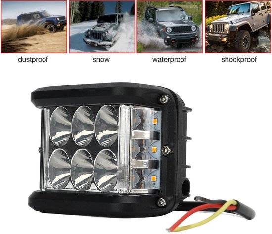 Zwarte LED-lamp met acht reflectoren en vier oranje LED's, met afbeeldingen van off-road voertuigen in stof, sneeuw en regen.