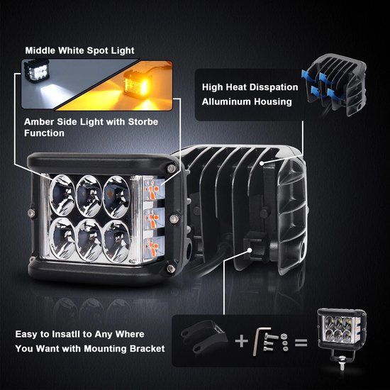 Zwarte LED-lamp met acht reflectoren, vier oranje LED's aan de zijkant, en een aluminium behuizing.