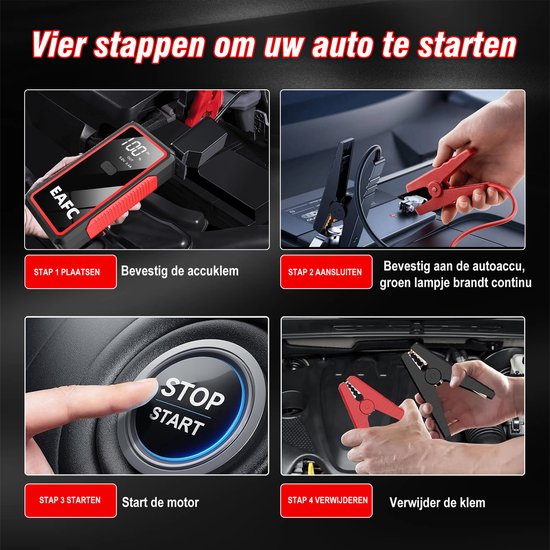 Vier stappen om de auto te starten: 1. Plaats de booster, 2. Sluit de klemmen aan, 3. Start de motor, 4. Verwijder de klemmen. Met EAFC startbooster.