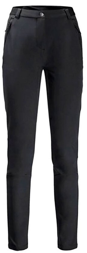 Zwarte, nauwsluitende outdoorbroek voor dames op een witte achtergrond.
