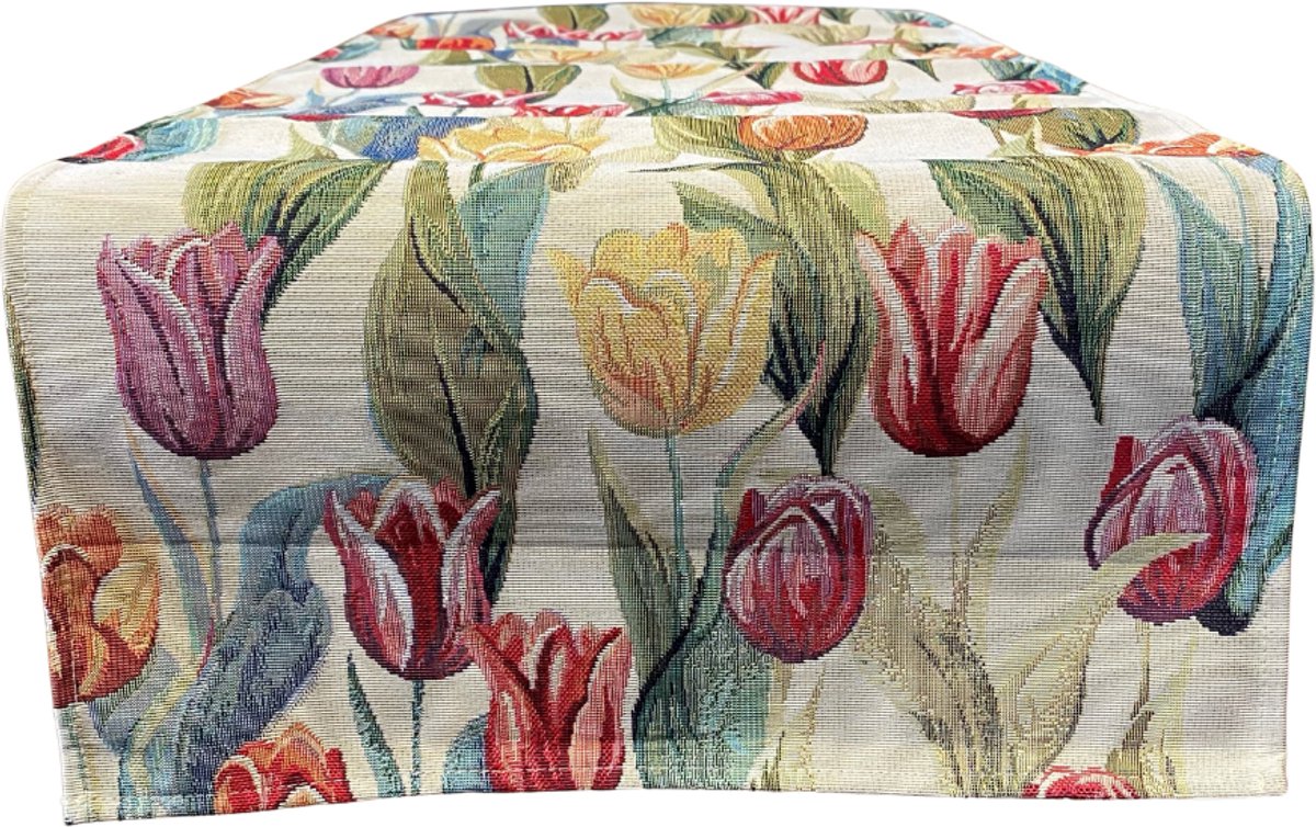 Tafelloper - luxe gobelinstof - Tulpen - Rood - Geel - Oranje - Loper 45 x 140 cm