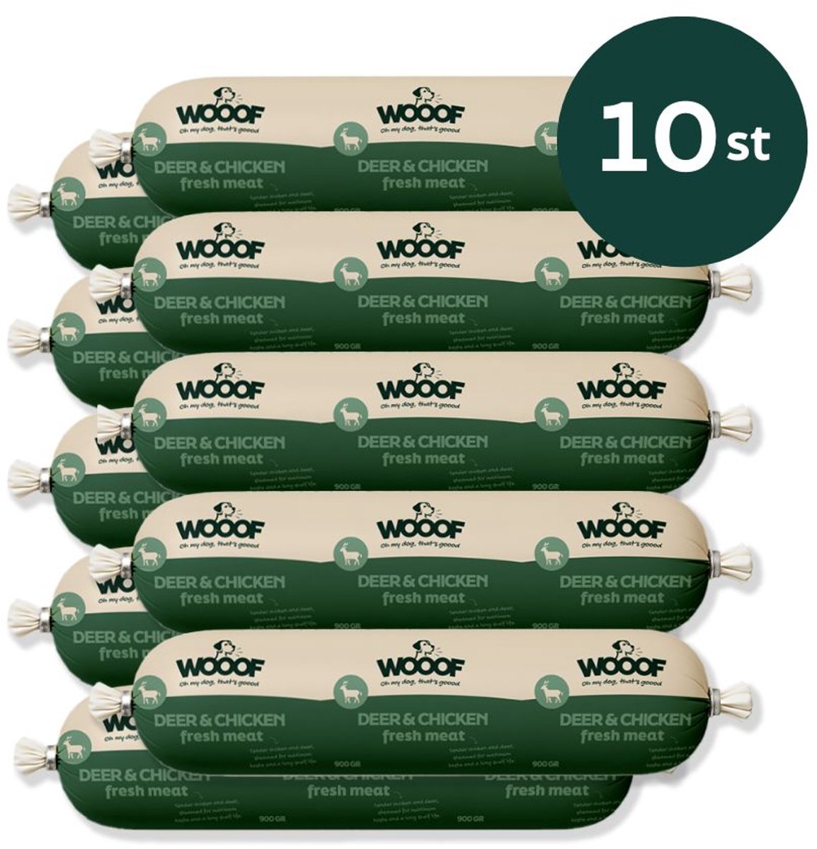 Wooof WOOOF Honden worsten Hert Vers vlees natvoer - Houdbare worsten hondenvoer - 10x 900gram