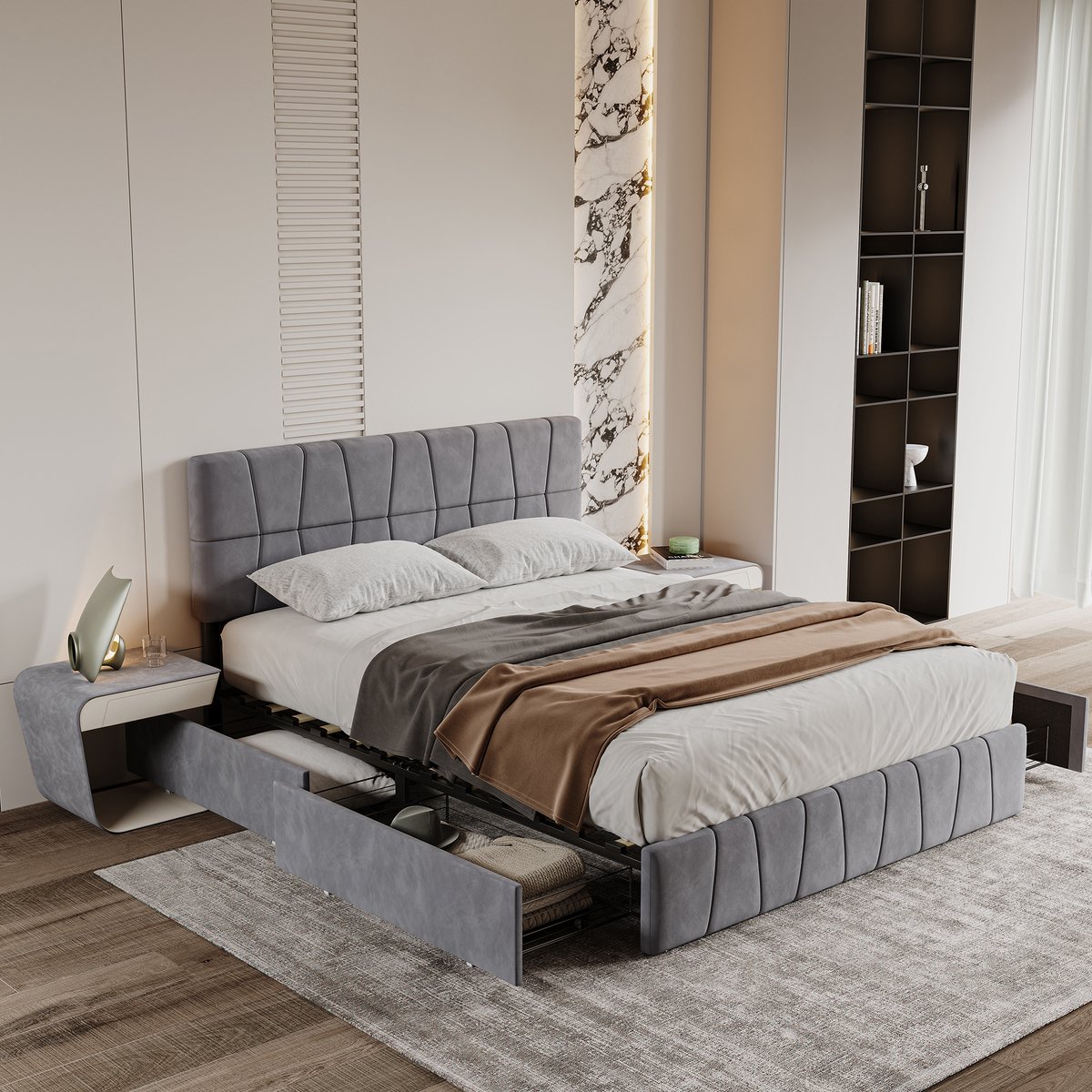 Tweepersoonsbed 160x200 cm – Gestoffeerd Opbergbed met 4 Lade van Metaal – Fluweel, Grijs