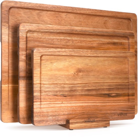 Villux Snijplank - Snijplankenset Met Houder - Snijplank Hout - Snijplanken - Snijplank Acacia- Houten Snijplank - Snijplankenset - Tapasplank - Borrelplank - Serveerplank - Hapjesplank - 3 Stuks - Acacia