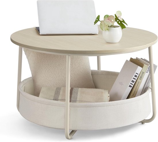VASAGLE LCT244K01 Round Coffee Table with Storage Space Side Table Living Room Table with Fabric Basket Modern Metal Frame Natural Beige/Cream White