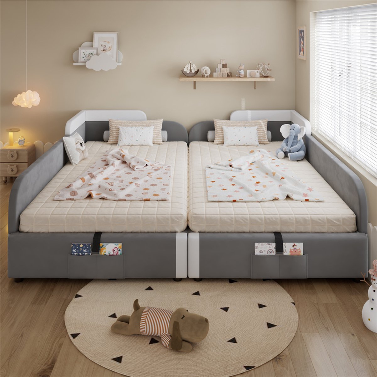 Gutent Gestoffeerd bed-hydraulisch-90x200cm*2-gezamenlijk-kinderbed-opbergbed-verhoogde zachte omheining-velours+multiplex-grijs Wit