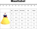 Maattabel met afbeelding van een prinsessenjurk en maten in cm: Lengte Jurk, Borstomvang, Taille, Schouder.