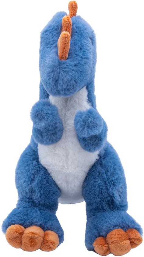 Blauwe dinosaurus knuffel van voren gezien, met oranje stekels en witte buik.