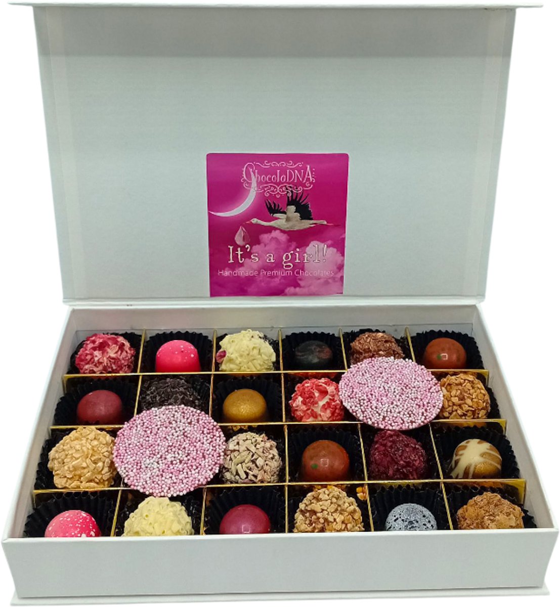 Geboortebox Medium 24 It's a Girl luxe chocolade Truffels & Pralines: Geboortebox_Geboortecadeau_Kraamcadeau_Cadeau Baby_Handgemaakte chocolade geboorte cadeau_Chocoladetruffels_Bonbons_Geschenkdoos_Moeder_Vegatarisch_Baby Love