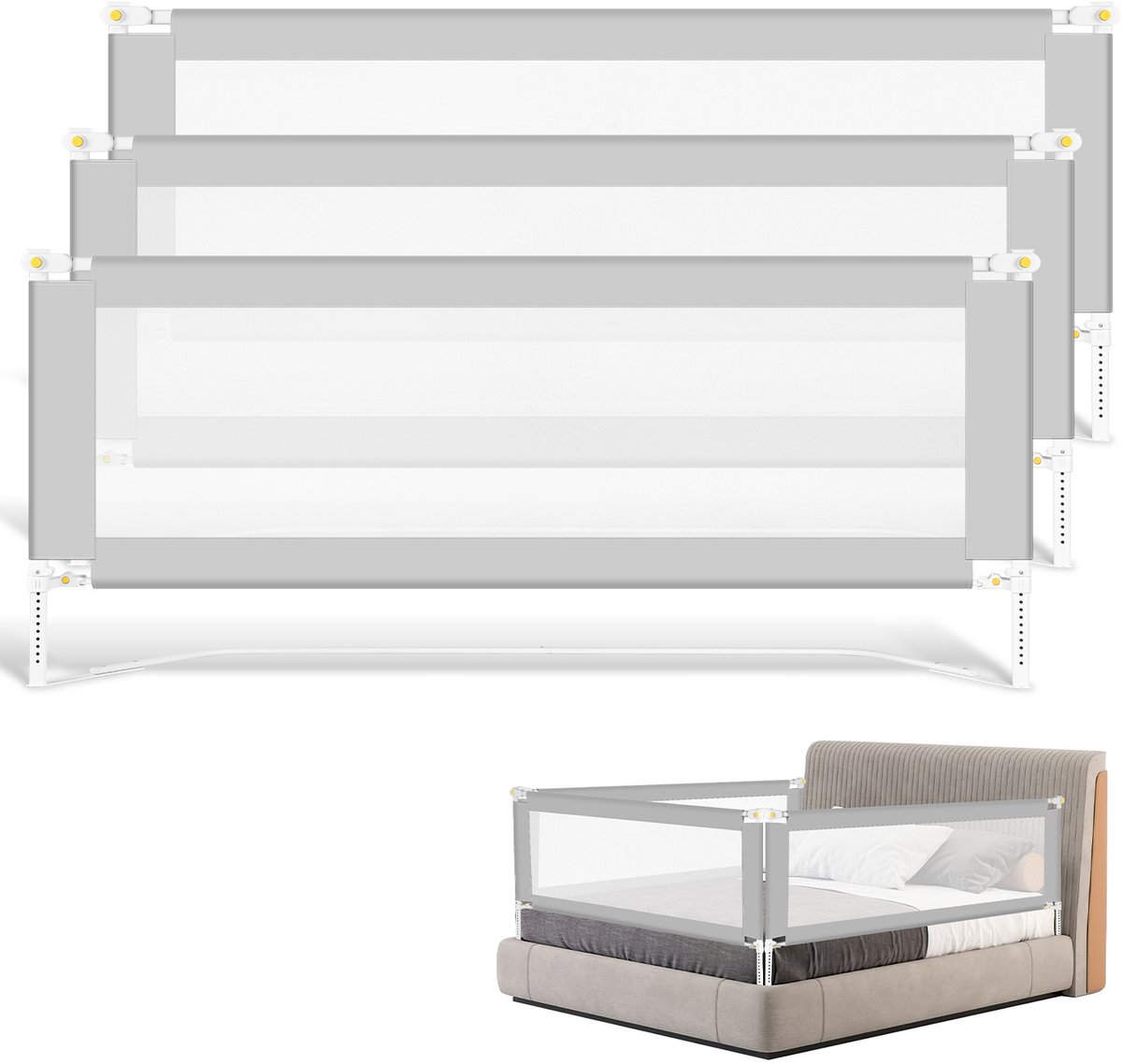 Image of 3 stuks Bedhekje - Opvouwbaar Verstelbaar - Universeel Bedzijrail - Fixatieband & StandSafe Blokkade - Voor Kinderen - Grijs met opvangnet - 180cm+200cm+200cm