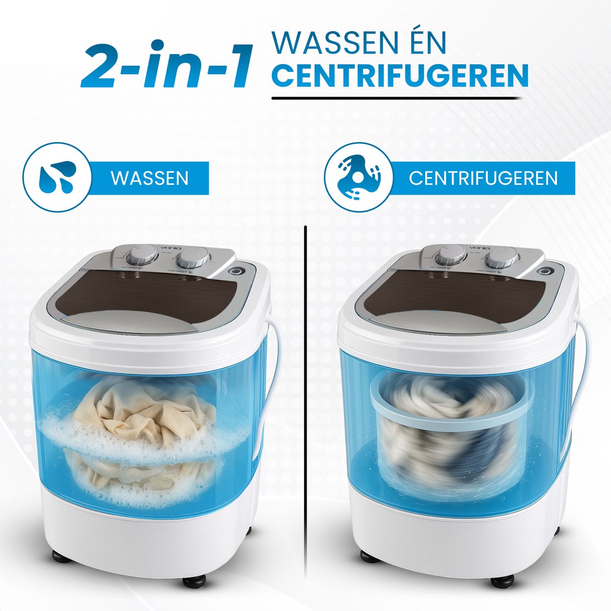 Vonia Mini Wasmachine - Kleine wasmachine - Met centrifuge en bovenlader - Wascapaciteit 2,6 kg - Energiezuinig - Wit/Blauw — afbeelding 3