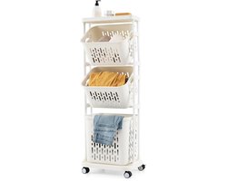 COSTWAY Wasmand met 3 verdiepingen op wieltjes, wasmand met 3 manden en handvat, wasverzamelaar met metalen frame, wassorteerder voor badkamer, waskeuken, wit