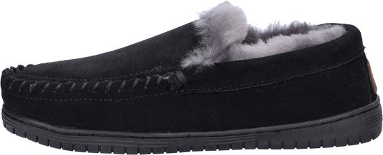 Zwarte pantoffel met grijze bontvoering en stiksels aan de voorkant.