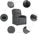 Grijze verstelbare fauteuil in kunstleer, met detailopnames.