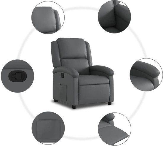 Grijze verstelbare fauteuil in kunstleer, met detailopnames.
