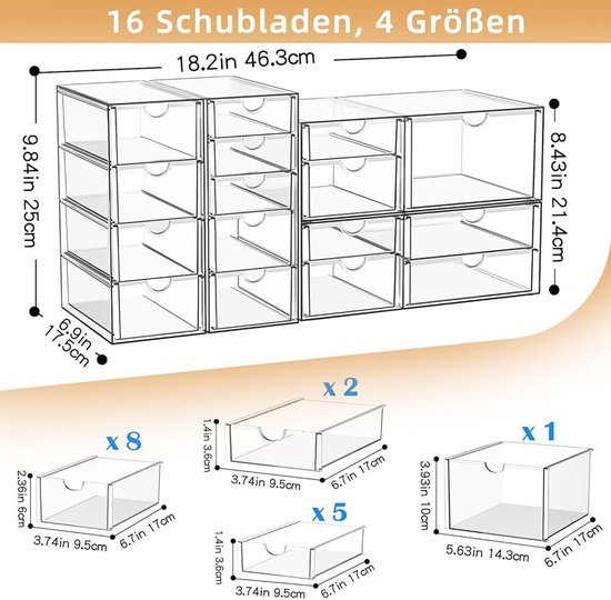 Radikor Ladeorganizer, 31 stuks, organizer voor make-up, laden van transparante kunststof, stapelbaar, 4 maten, container voor badkamer, keuken, make-up, bureau