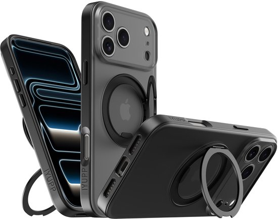 IYUPP Hoesje geschikt voor iPhone 17 Pro Hoesje - Geschikt voor MagSafe - 360 graden Draaibare Telefoonstandaard - Kickstand Magnetisch Back Cover - Zwart