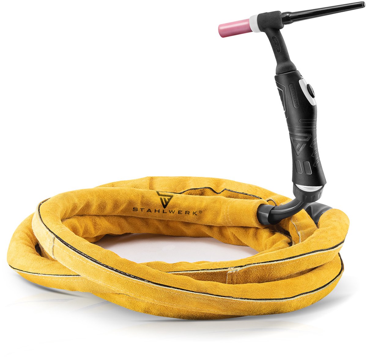 laskabelhoes, lichtbruin split rundleer, 5 meter lengte en 37 mm diameter, ritssluiting