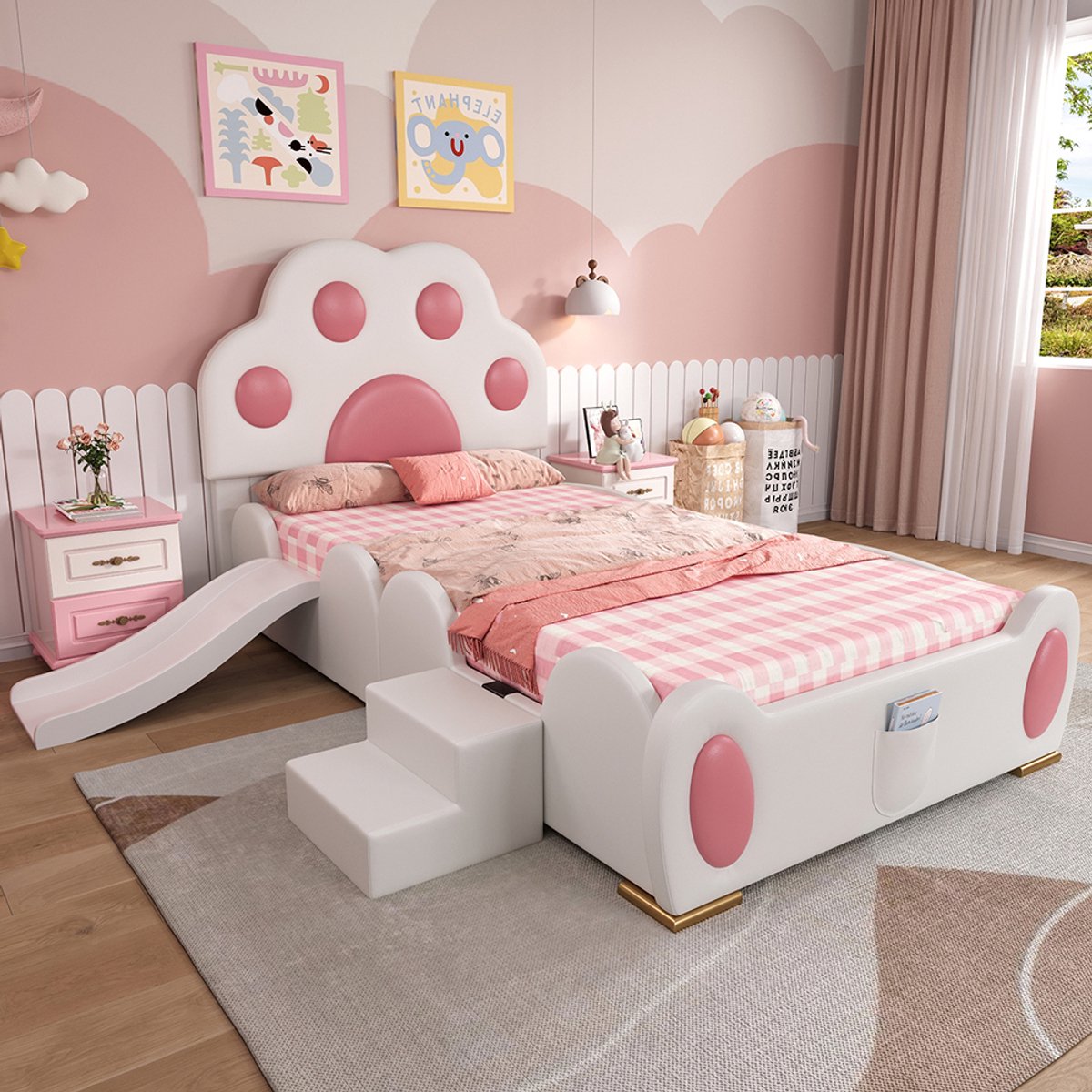 BLACKCOLORS Gestoffeerd bed, eenpersoonsbed, kinderbed, hoofdeinde in de vorm van een cartoonkattenpoot, met glijbaan voor kinderen en ladder met twee treden, PU-oppervlak, wit + roze, 90 x 200 cm