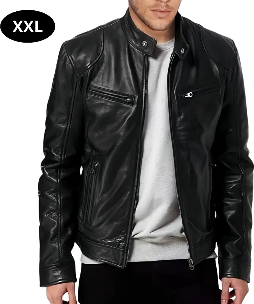 Nivard Kunst Leren Jas Leather Jacket Lederen Jas Bomberjack Pilotenjack Blazer Biker Motorjas Motormuis Heren Zwart