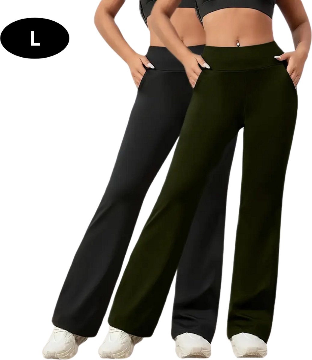 Livano Lange Broek Dames Flair Broeken Wijde Broek Flared Broek Pants Jeans Trousers Strectch Legergroen + Zwart