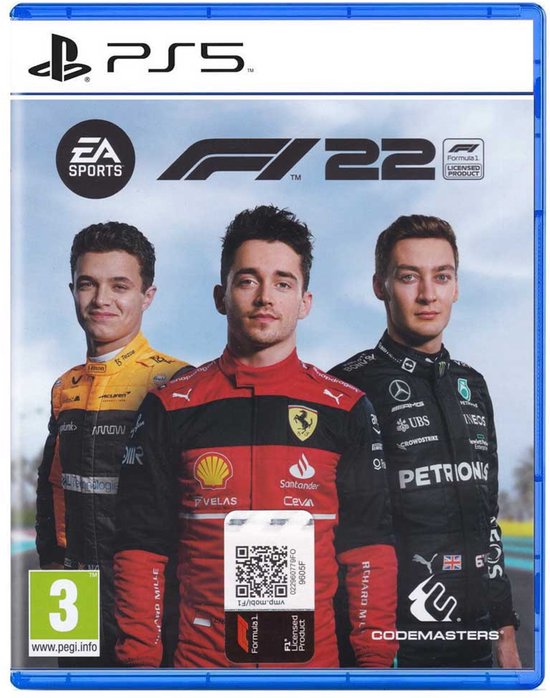 F1 22 PS5-hoes met coureurs Lando Norris, Charles Leclerc en George Russell.