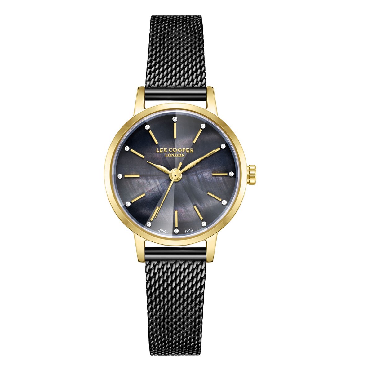 Lee Cooper LC08241.150 - Horloge - Polshorloge - Analoog - Dames - Vrouwen - Milanese-Mesh stalen band - Metaal - Rond - Strepen - Briljant- Bolletjes - Zwart - Goudkleurig - Wit
