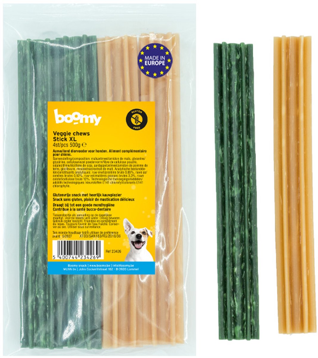 Boomy - Veggie Chews Sticks Extra Large – Vegetarische kauwsticks hond – Tandverzorgende hondensnacks voor grote honden – 4 stuks (500g)