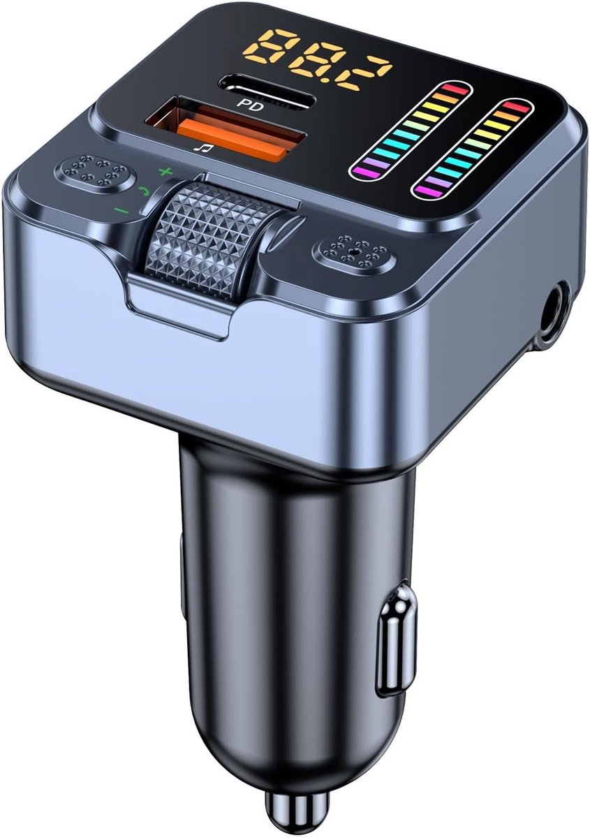 45W Bluetooth 5.4 Auto-adapter - Draadloze radio FM-zender met MP3 UDisk/Aux-ingang/Kleuren LED-achtergrondverlichting, Handsfree bellen met microfoon
