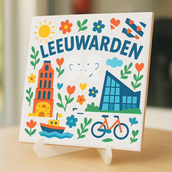 Carreau de Leeuwarden - 15 x 15 cm - Céramique - Souvenir décoratif - Avec support/chevalet transparent - Cadeau - Carreaux avec texte
