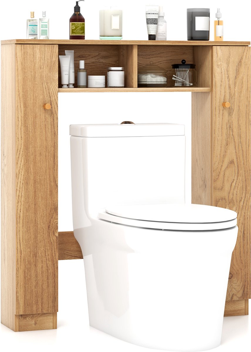COSTWAY Toiletkast, badkamer, bovenbouwkast, toiletrek met verstelbare planken, badkamerrek van hout, badkamerkast vrijstaand, 87,5 x 18 x 98 cm (natuur), NM9004DE
