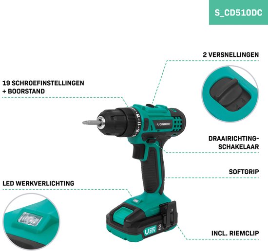 VONROC Perceuse-visseuse sans fil 20V - 19 positions de vis + position de perçage - Incl. 2 embouts - Incl. Batterie 2,0 Ah et chargeur rapide