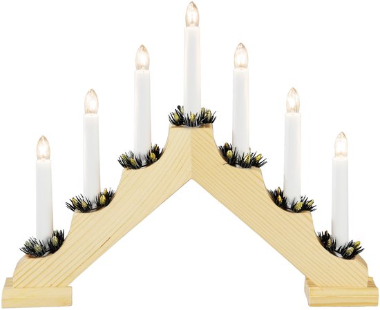 Houten Kerstkandelaar voor binnen - 7 kaarsen - 2700K warm wit - Hout met groen - Kaarsenbrug met 7 lampen - 30 x 38 cm - Kerstverlichting