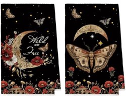 Selbro®, Vlinder Maan Bloemen Halloween Bar Keukendoeken Theedoeken, 42 x 65 cm Paddenstoel Microvezel Absorberende Handdoeken Keuken Decoratie Set van 2