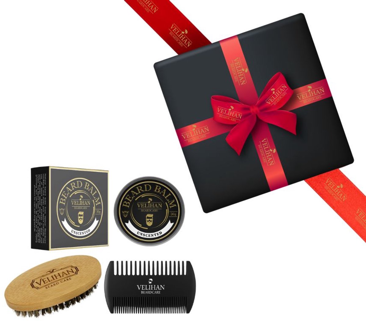 Velihan Beardcare - Baardverzorging Trio Pack Baardbalsem Unscented 30g, Baardborstel en Baardkam - Cadeau voor mannen - Vaderdag Cadeau - Cadeau voor hem - Cadeau voor Kerst - Valentijdsdag mannen - Giftset mannen - Geschenkset man