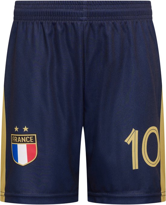 Short de football bleu marine avec rayures dorées sur le côté, écusson 'FRANCE' et numéro '10' en doré.