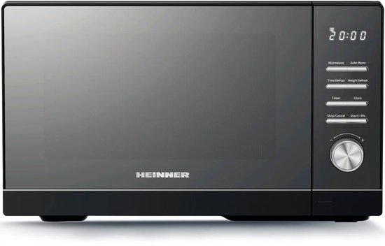 Heinner Vrijstaand Magnetron 25L – 800 W – 5 Vermogensniveaus – 8 Automatische Programma’s – Ontdooifunctie – Timer – Spiegelglas – Zwart