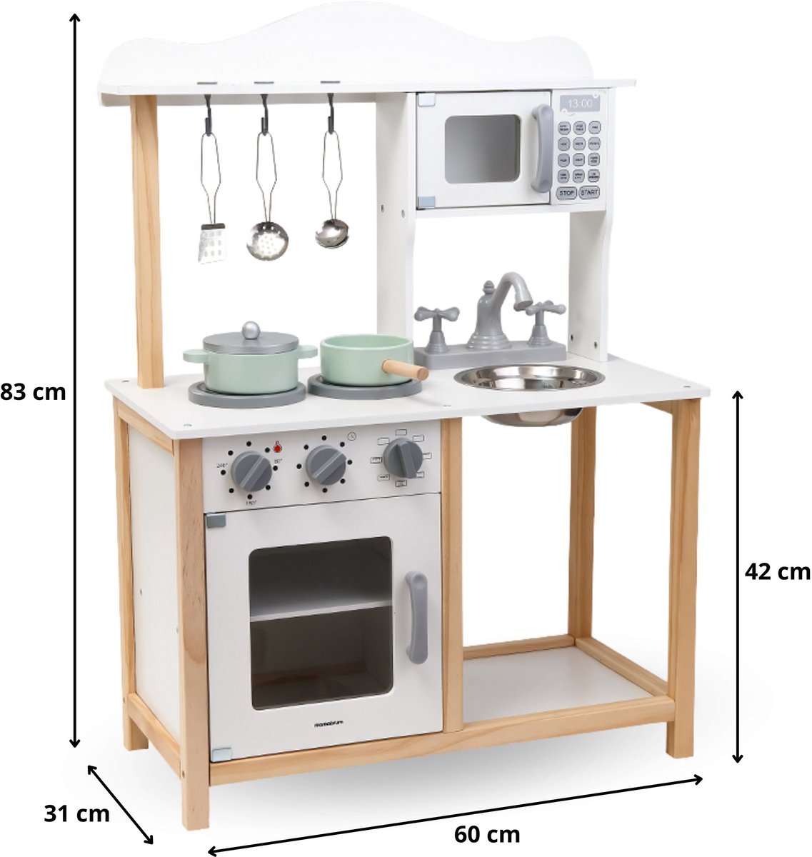 Mamabrum Montessori Houten keuken voor kinderen, 3 jaar – magnetron, oven, gootsteen en accessoires inbegrepen – robuust, veilig, leerzaam, natuurlijke kleuren, duurzaam creatief spel — afbeelding 14