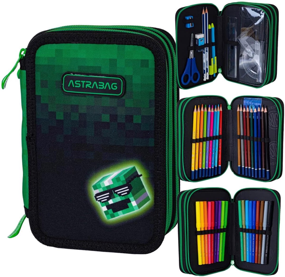 ASTRA BAG Pixel Hero Pennenetui met 3 vakken, gevuld, drievoudig etui, studentenetui met 3 niveaus, XXL, etui met accessoires, motief - spel, groen, etui, groen, etui, Groen, etui