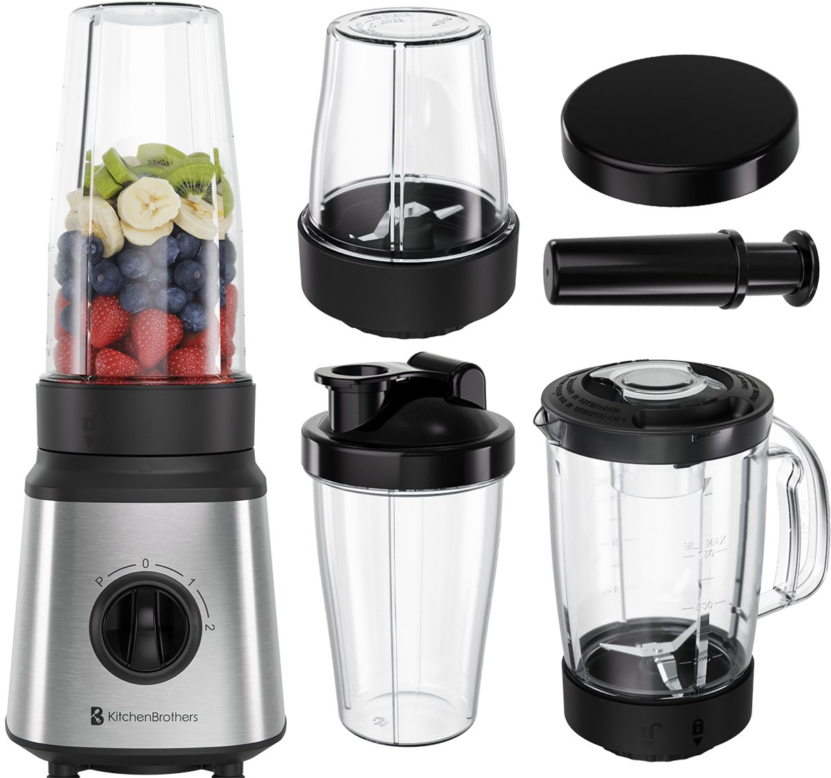 KitchenBrothers Blender - BPA-Vrij - Complete Set - 2x 750ml Kan - Grinder - Stamper - To-Go Bekers - RVS