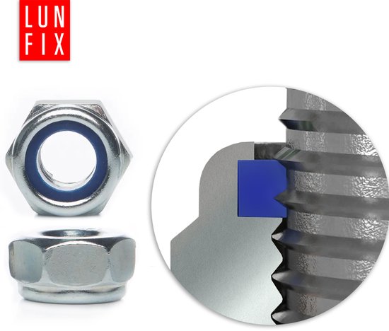 Deux écrous hexagonaux avec bague de blocage bleue. Un détail montre la coupe transversale d'un écrou sur un filetage.